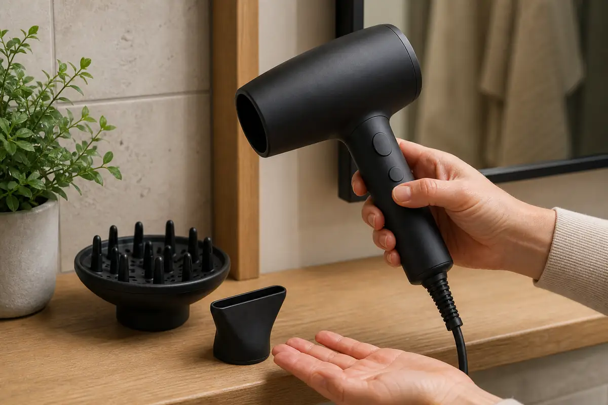 An adult comparing a plain hair dryer with two attachments