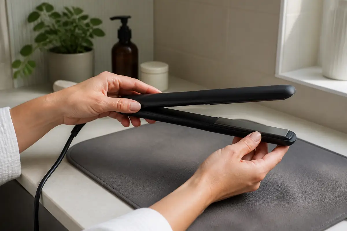 An adult checking the plates of a plain unplugged hair straightener