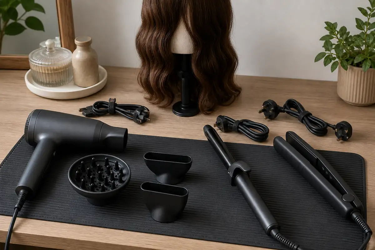 Plain unbranded hair-styling tools and attachments arranged safely while unplugged
