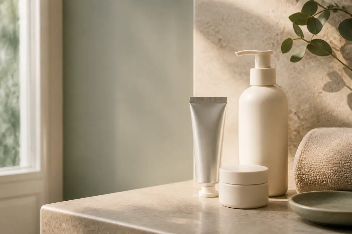 Plain unbranded hand-care pump, tube and jar on a warm bathroom shelf