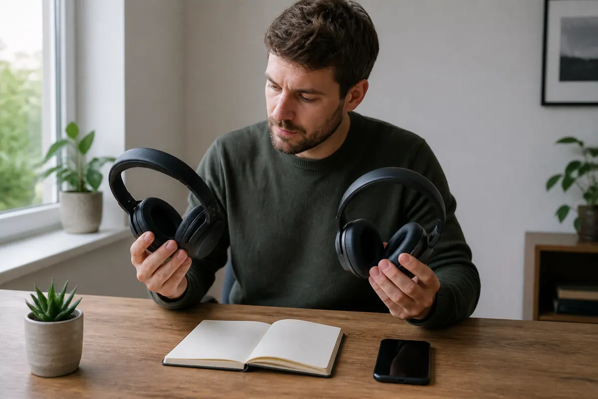 A listener comparing two unbranded over-ear headphones at a home desk