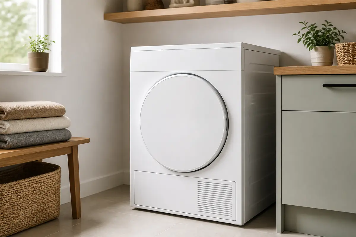 A plain unbranded heat-pump tumble dryer in a bright utility room with folded towels