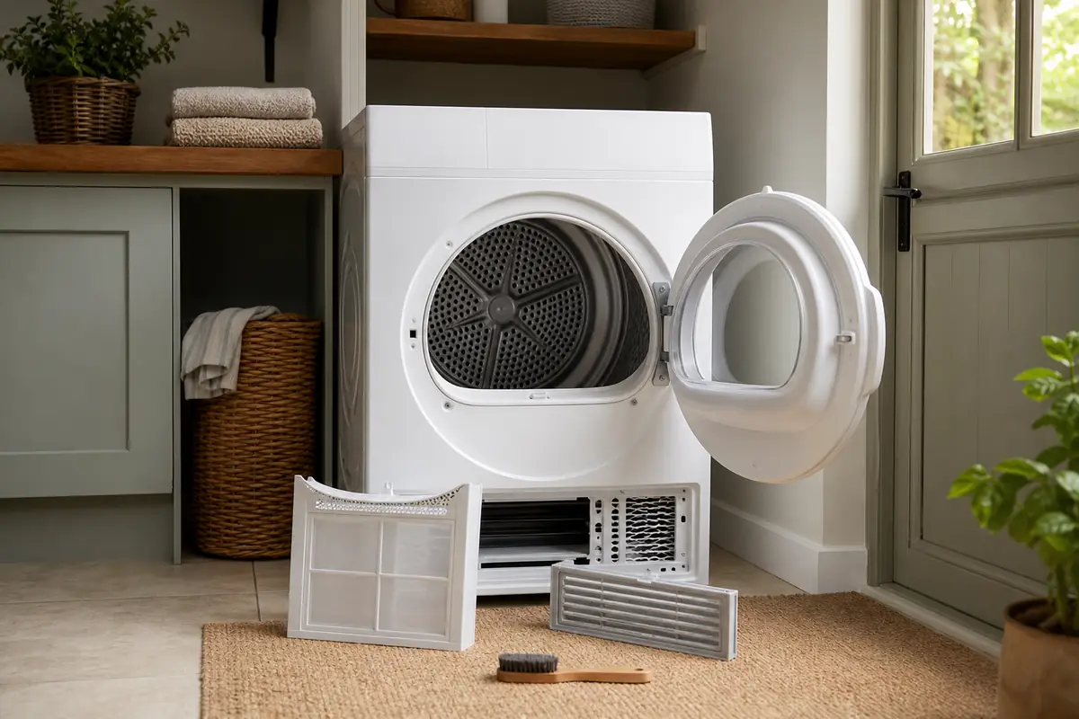 An unbranded heat-pump tumble dryer with clean user-maintenance filters