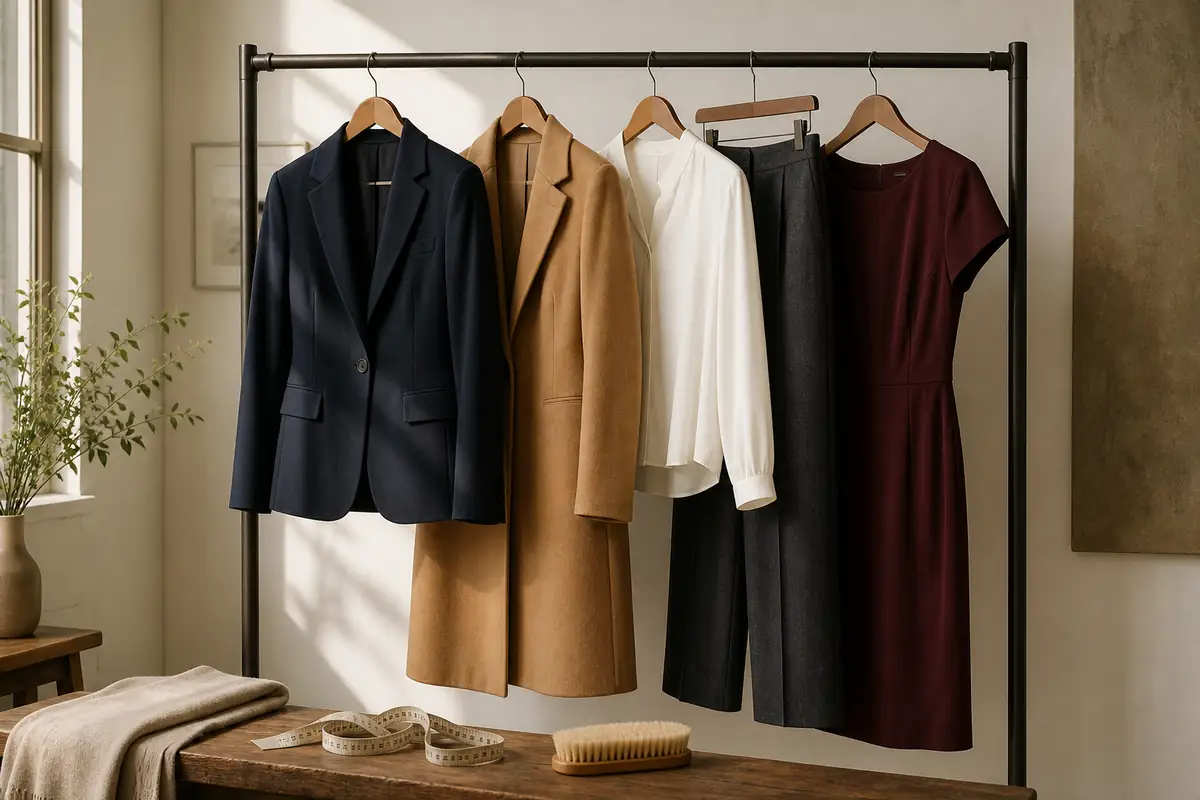 A fictional unbranded tailored workwear rail with a blazer, dress and coat in a warm natural studio