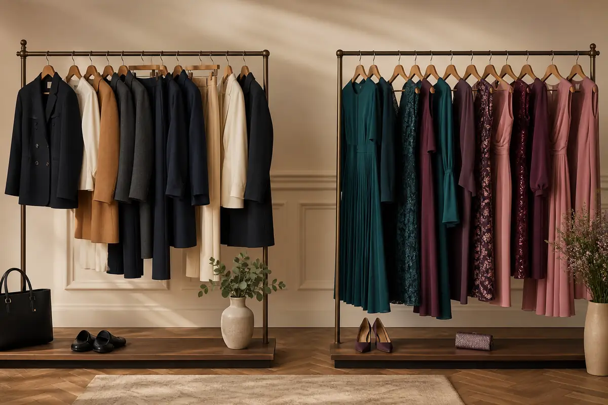 Two balanced fictional unbranded clothing rails comparing tailored workwear with occasionwear
