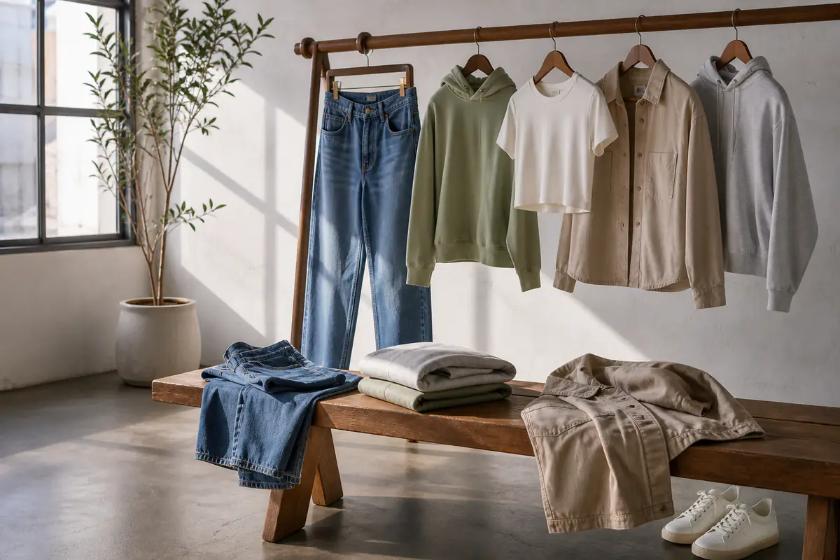 A fictional unbranded casualwear rail with denim and relaxed layers in a natural bright studio