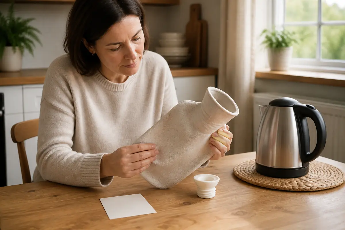 An adult inspecting a cool empty hot-water bottle and its plain cover
