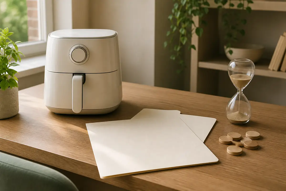 A neutral home-planning desk with blank folders, an hourglass and unbranded household objects