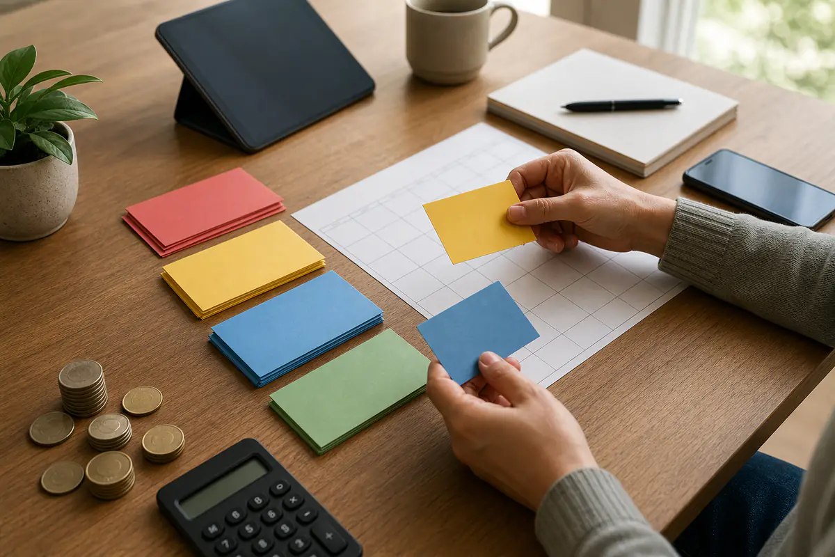 Adult hands arranging blank colour cards on a calendar grid beside unmarked coins and generic devices