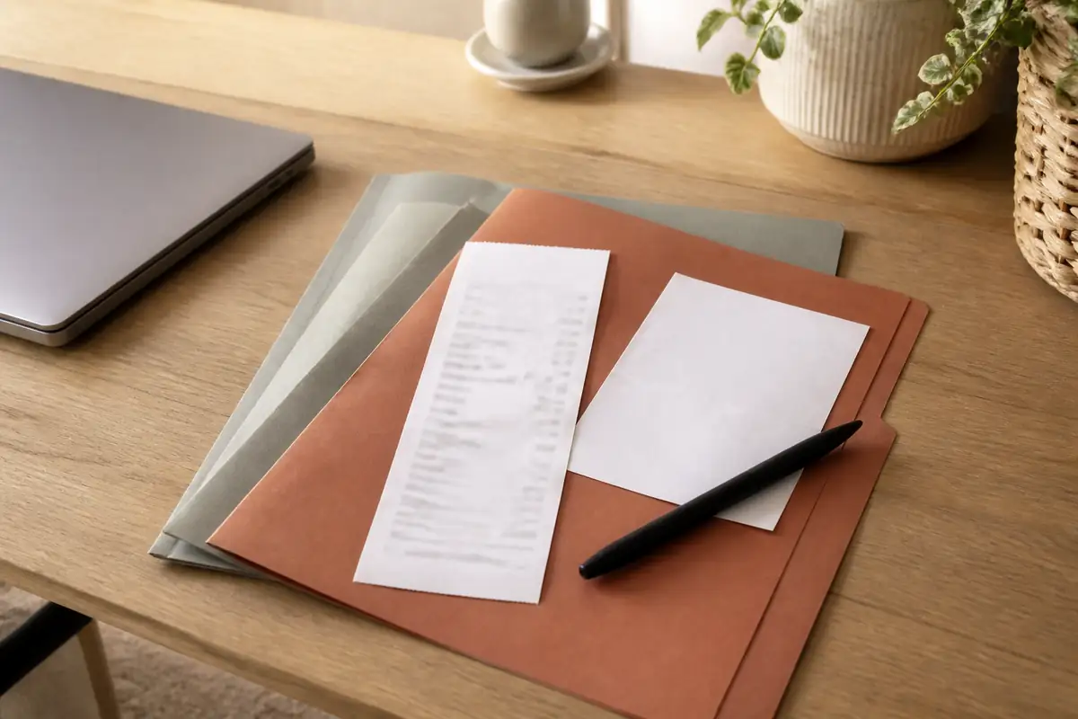 A tidy desk with an unbranded receipt, parcel note and labelled document folders arranged for purchase records
