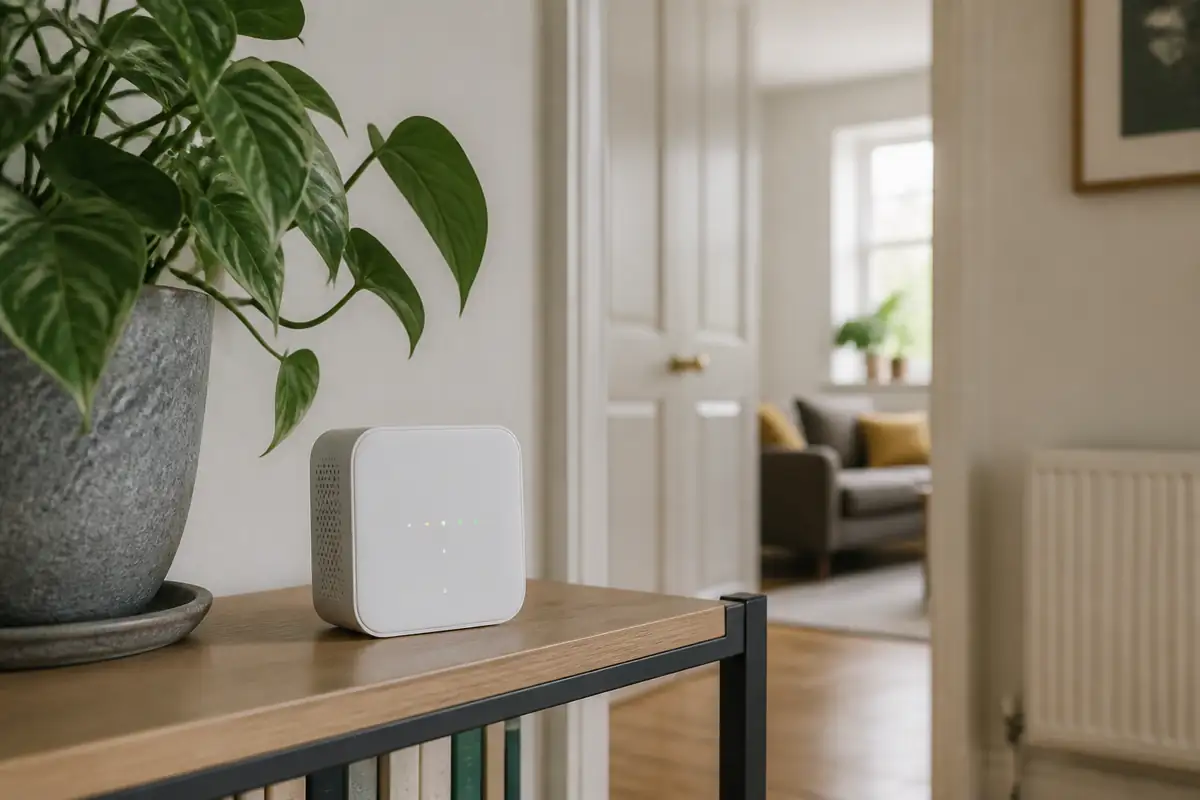 A fictional plain indoor air monitor in a living room