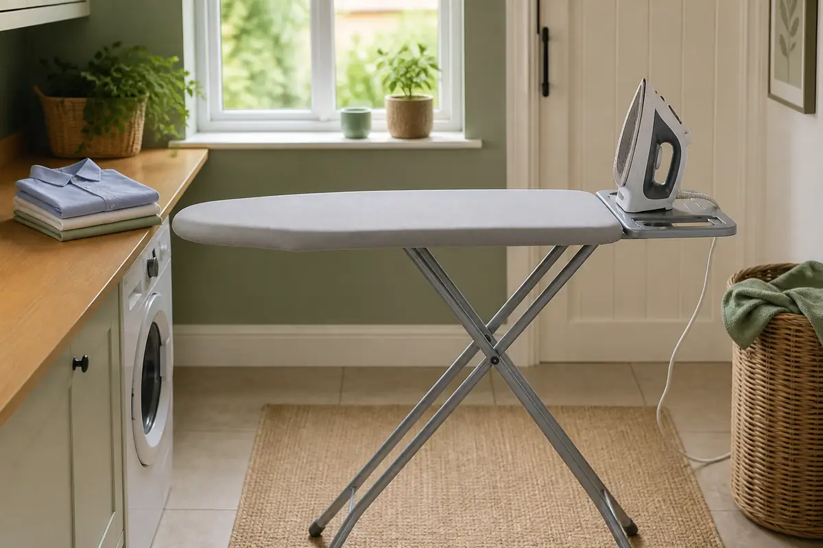 A plain full-size ironing board with a generic iron in a bright utility room