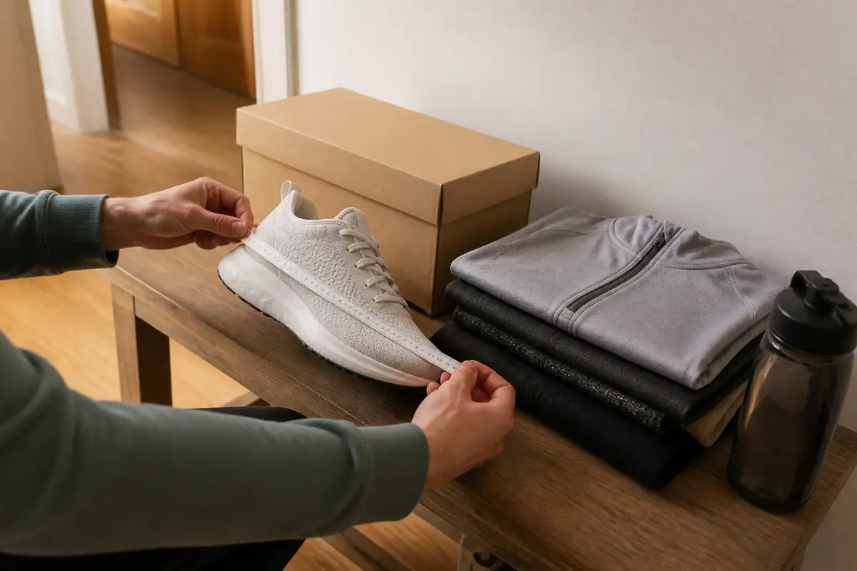 A shopper measuring an unbranded trainer beside folded sportswear