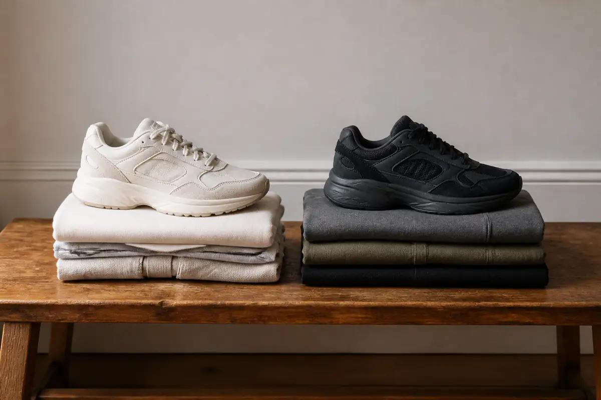 A shopper comparing light and dark unbranded trainers and sportswear