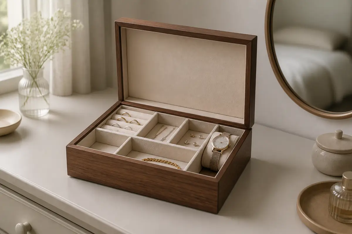 An open unbranded wooden jewellery box with organised generic pieces