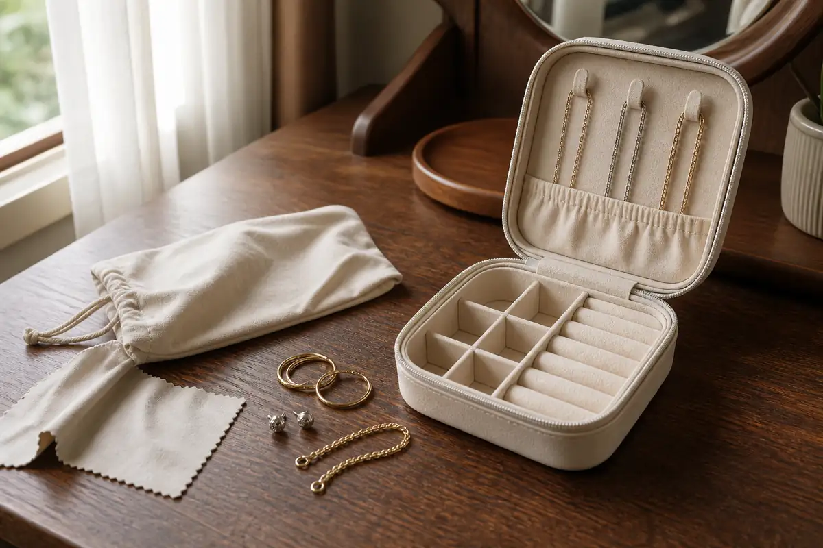 An open unbranded jewellery travel case with separated plain jewellery