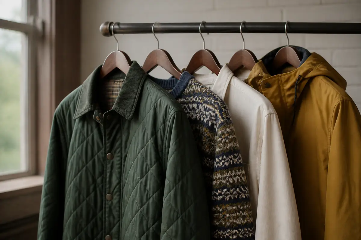 A colourful country-inspired rail of fictional unbranded knitwear, dresses and casual layers