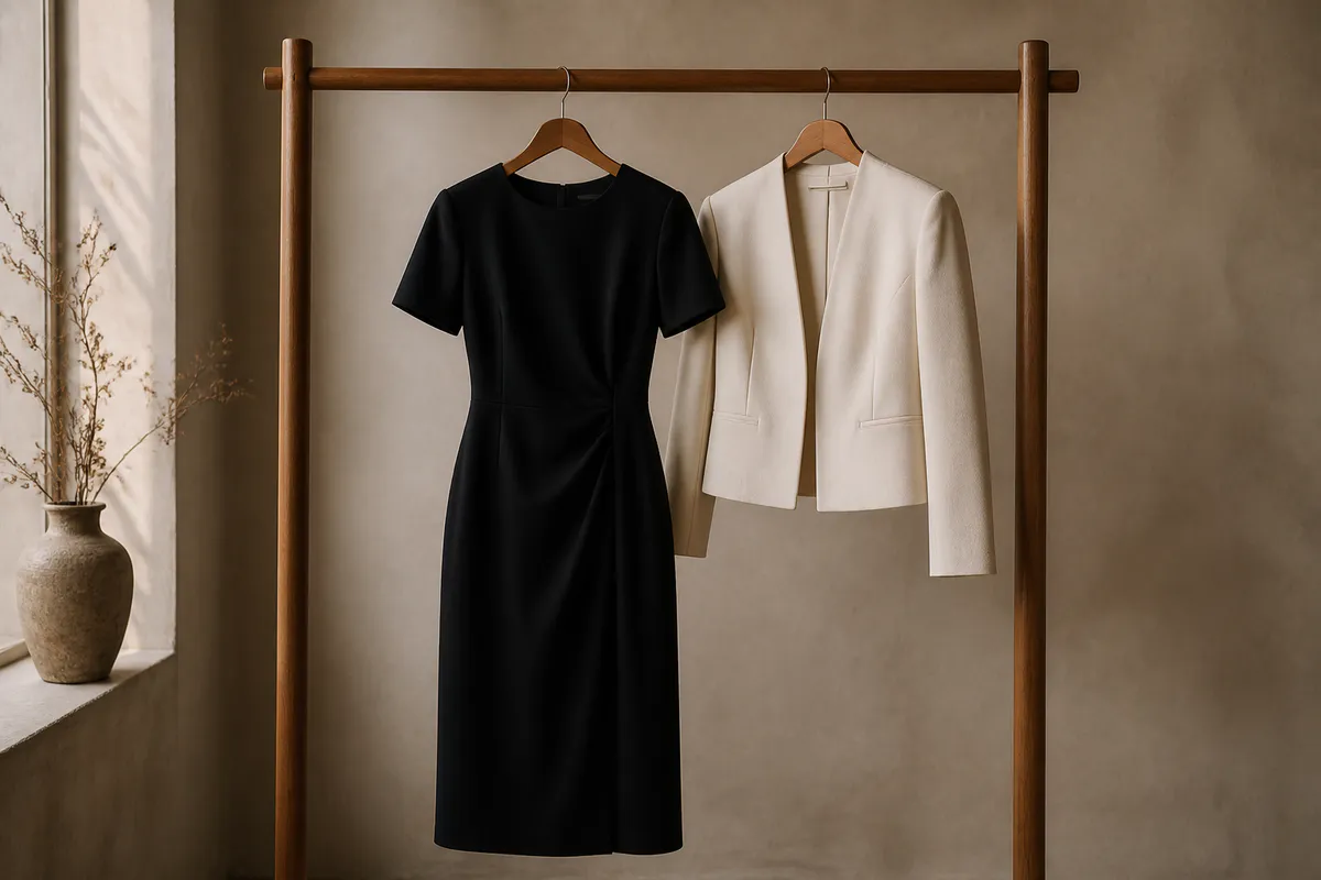 A fictional unbranded black tailored midi dress and cream jacket on a wooden clothing rail