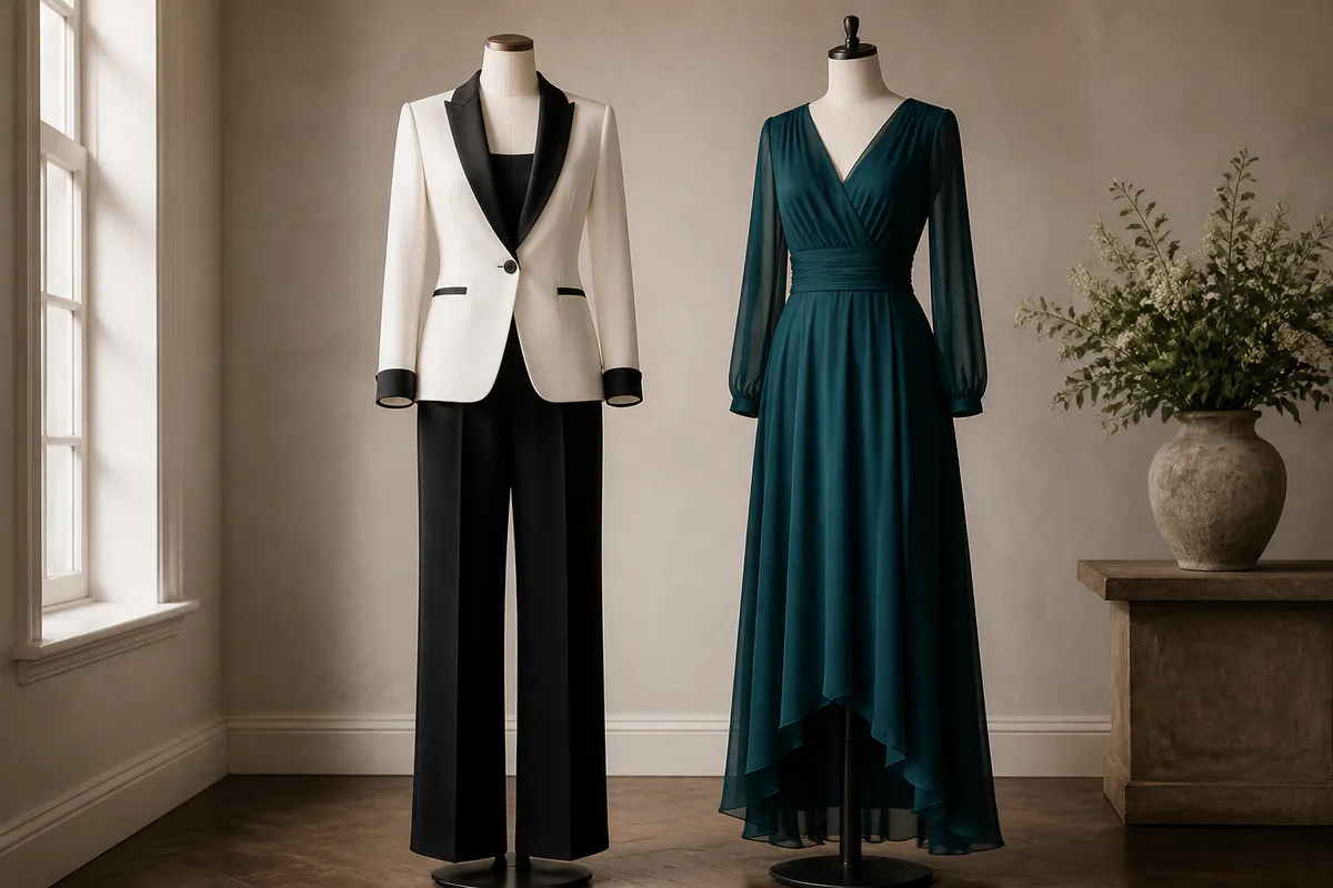 Two fictional unbranded occasion outfits comparing sharp black-and-ivory tailoring with a flowing teal dress