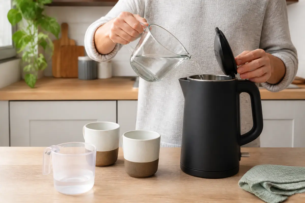 A person measuring water into an unbranded electric kettle