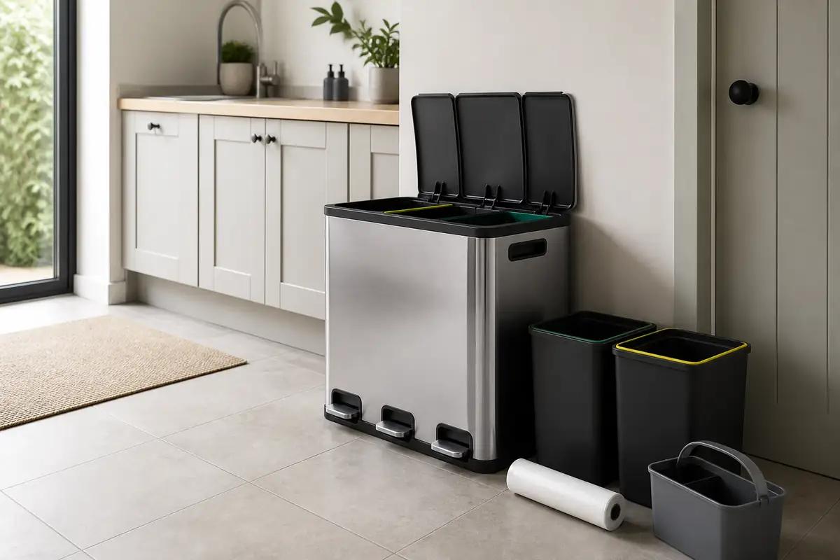 An unbranded multi-compartment kitchen bin with recycling containers and liners
