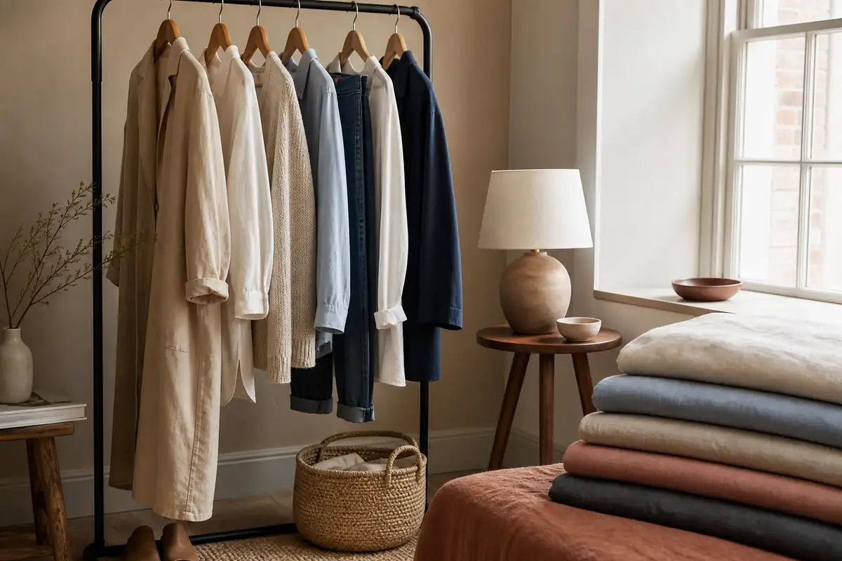 A broad unbranded fashion rail beside folded home textiles in a warm room