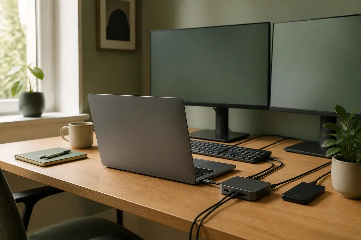 An unbranded laptop connected through a compact dock to two blank monitors and desk peripherals