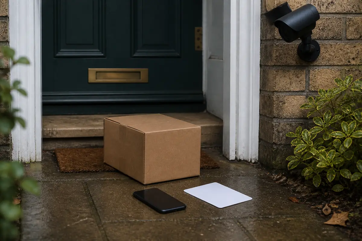 A fictional unbranded parcel outside a British front door beside blank delivery evidence