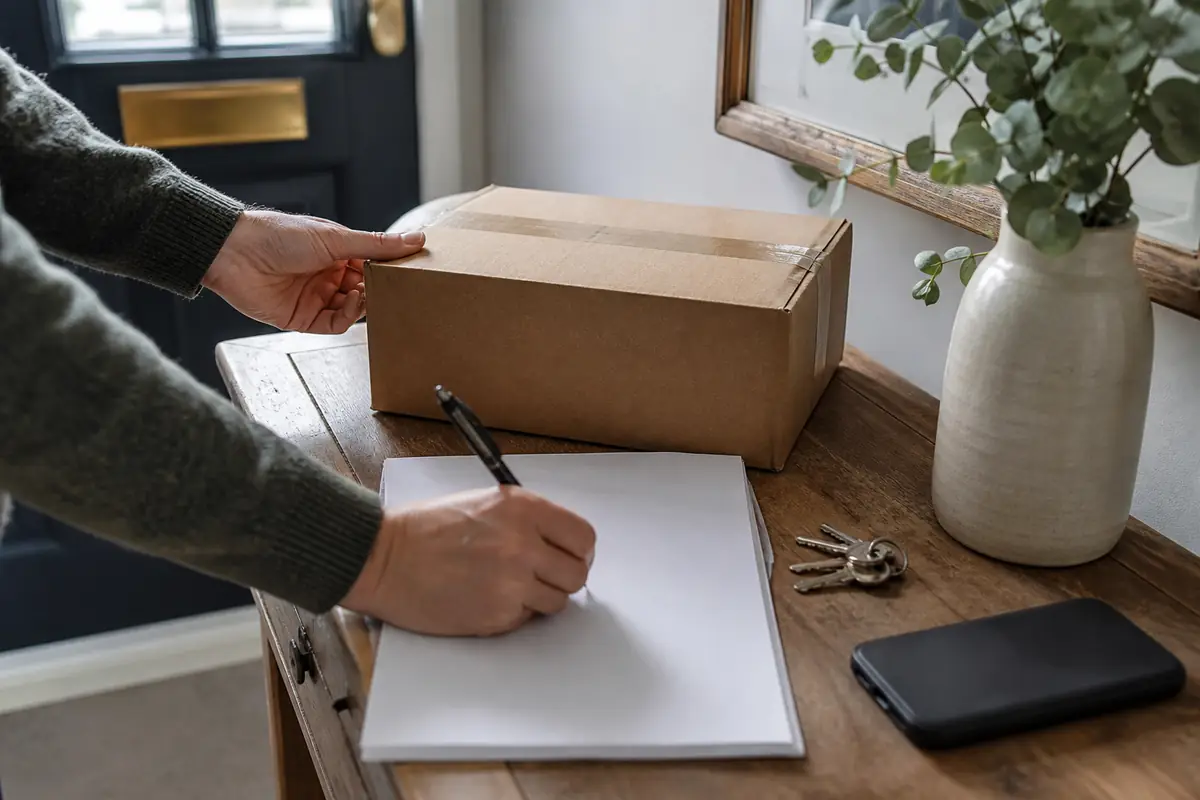 Adult hands recording details beside a plain sealed parcel in a bright home hallway