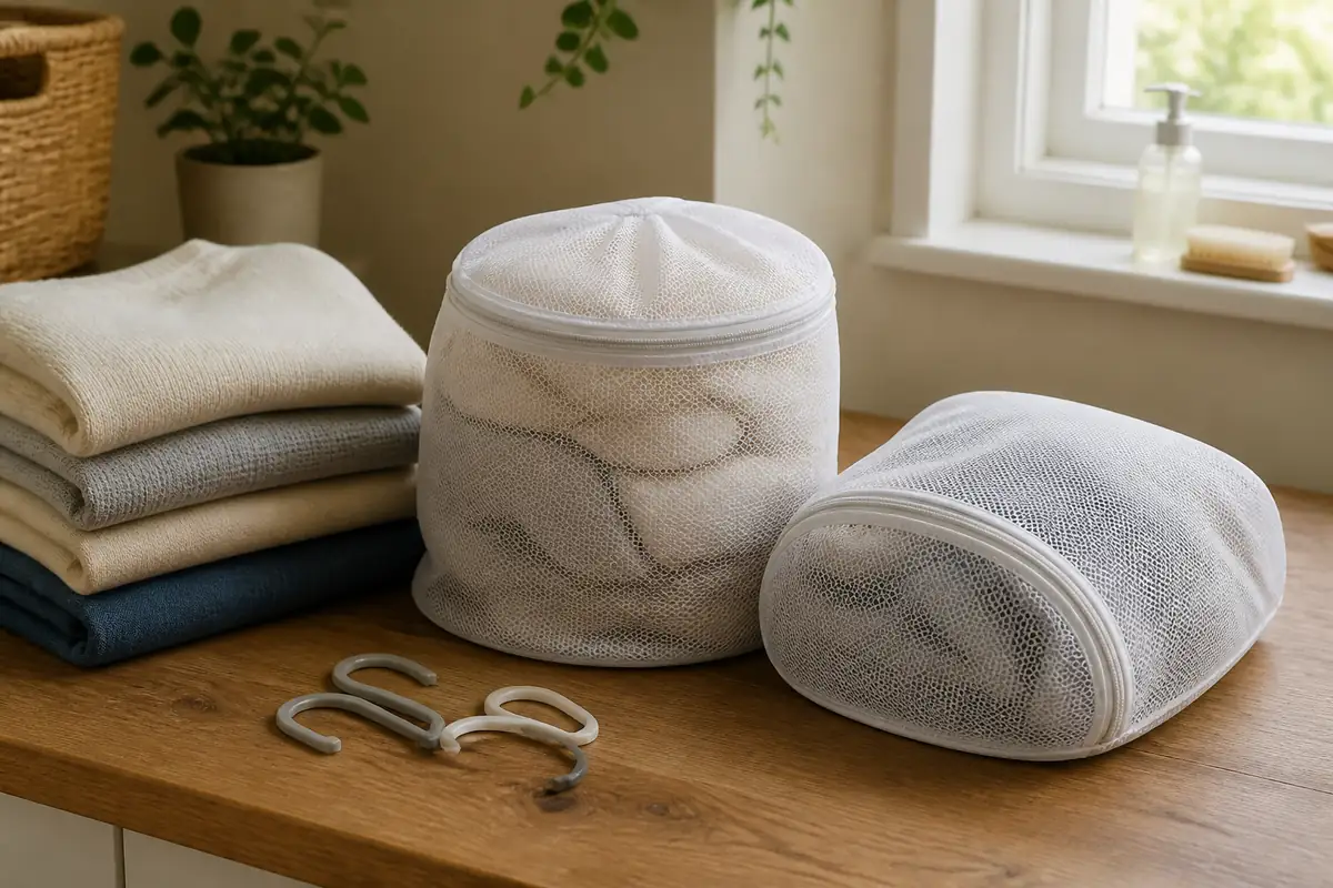 Plain mesh laundry bags beside folded garments and generic fasteners