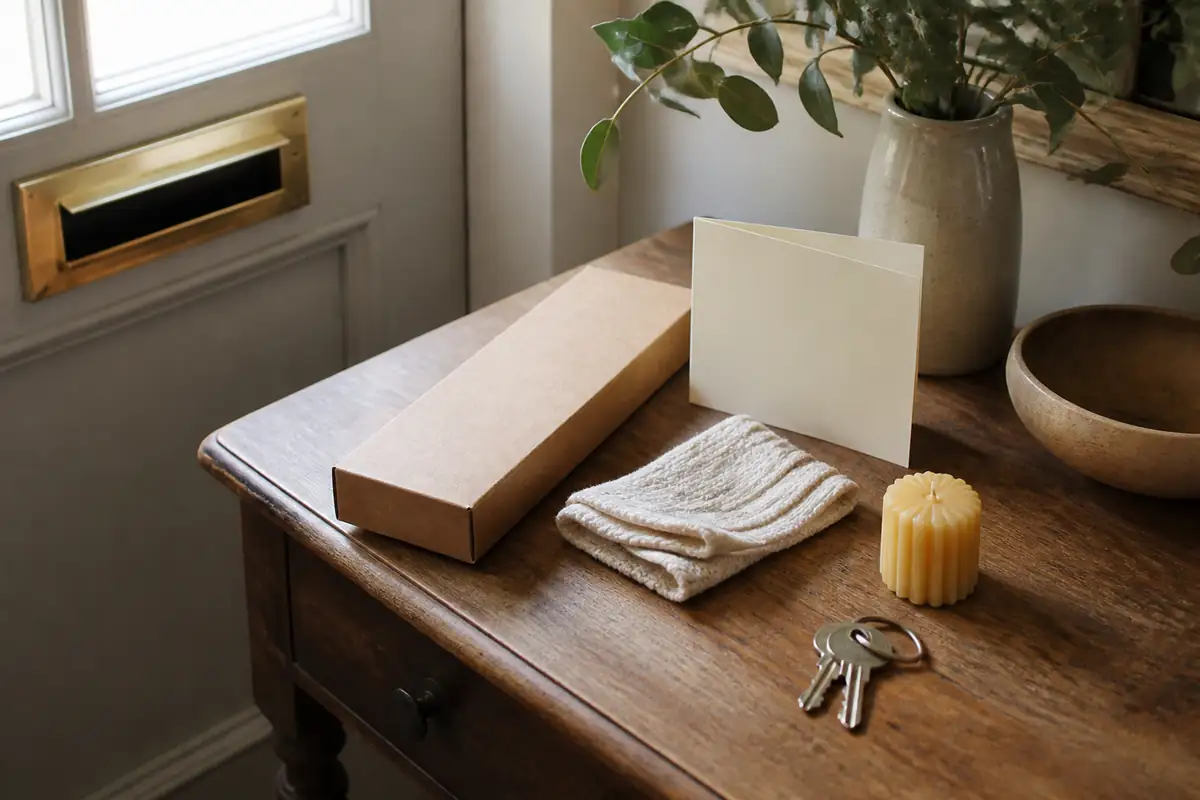 A slim plain gift parcel with a blank card beside a domestic letterbox