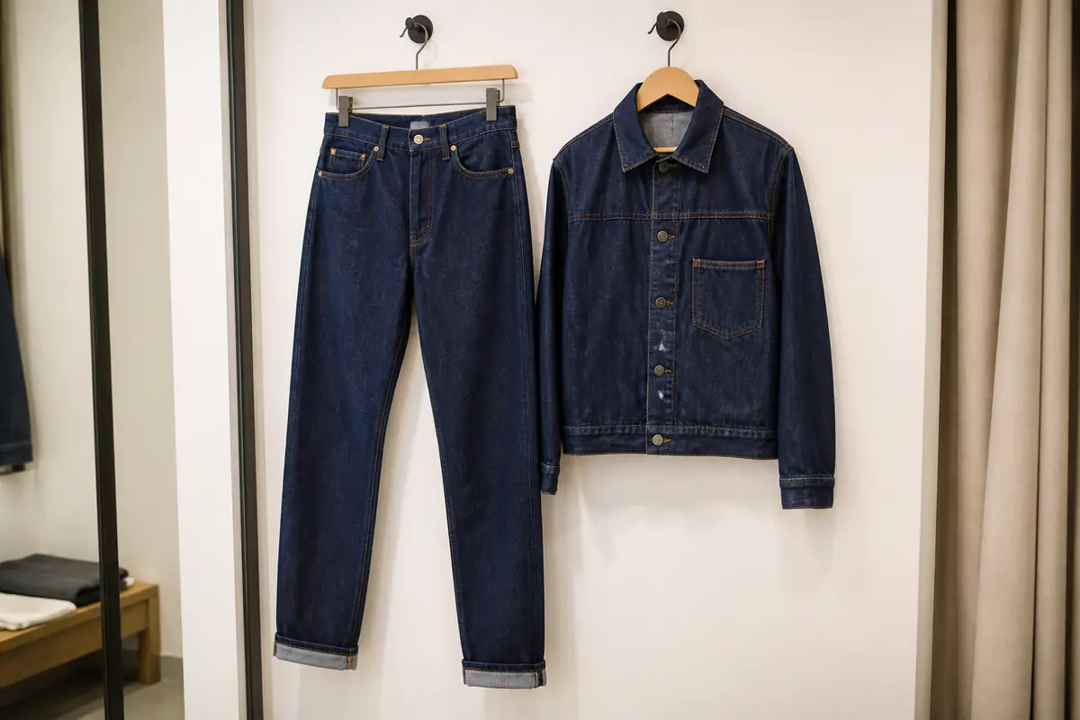 A fictional unbranded dark denim jacket and several plain blue jeans arranged on a wooden rail