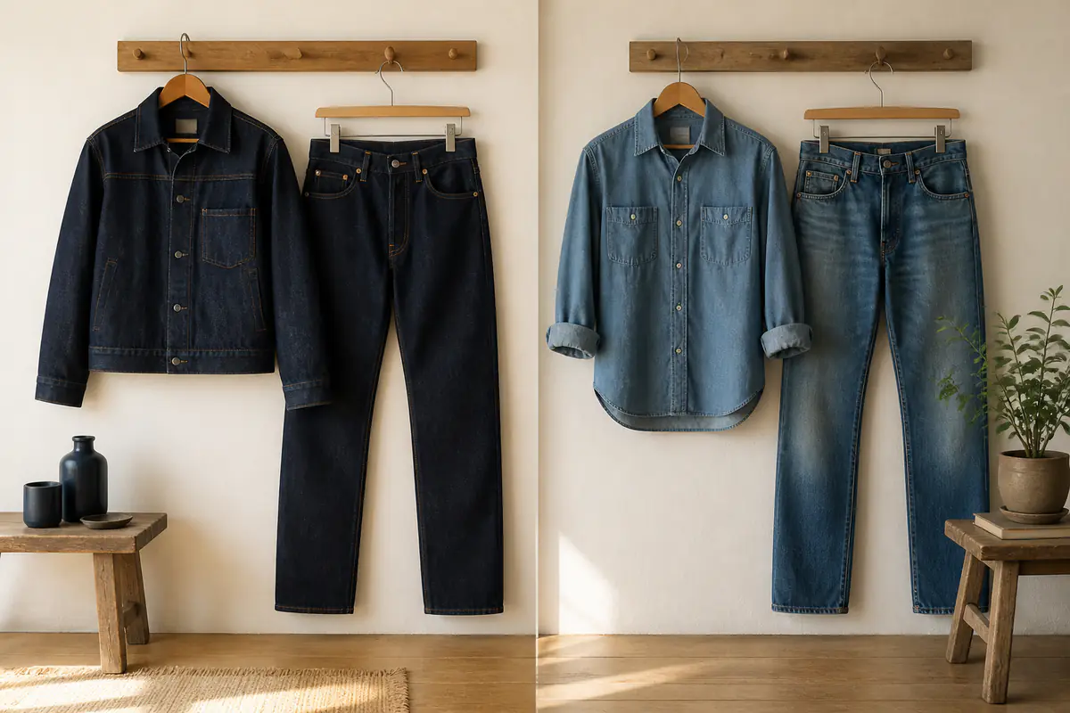 Two distinct fictional unbranded denim wardrobes compared side by side in natural light