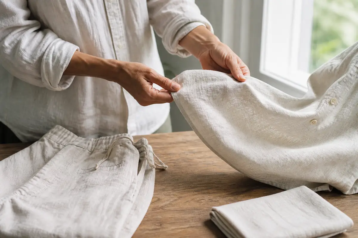 An adult inspecting the weave of plain unbranded linen clothing