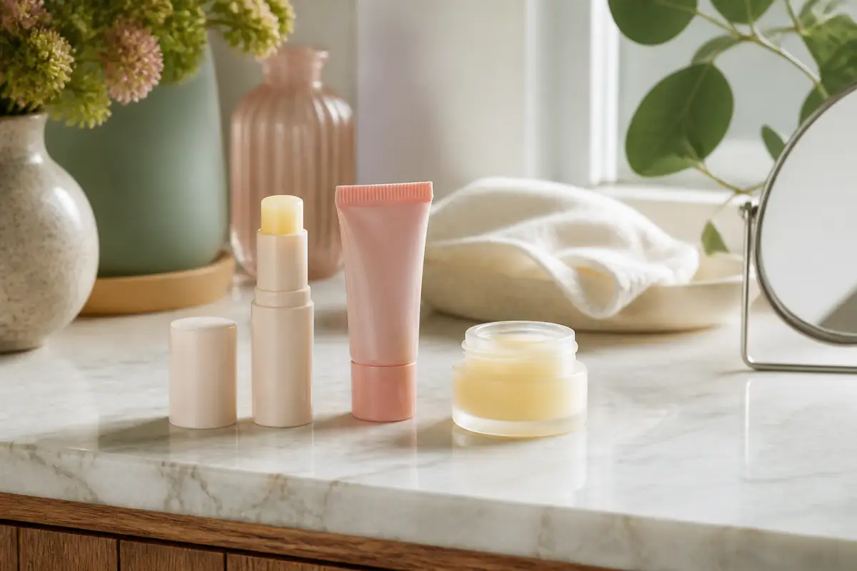 Plain unbranded lip balm stick, tube and pot arranged on a bright bathroom surface