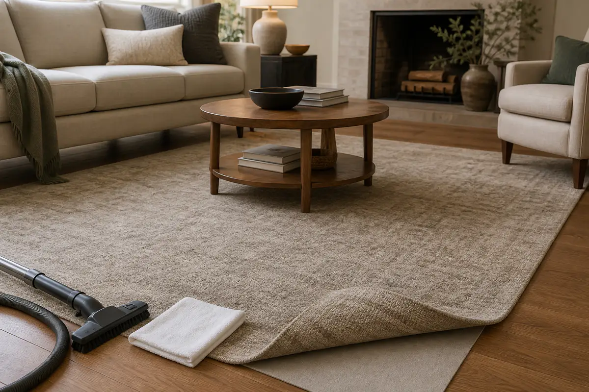 A living-room rug lifted to show plain underlay beside a vacuum tool and cloth