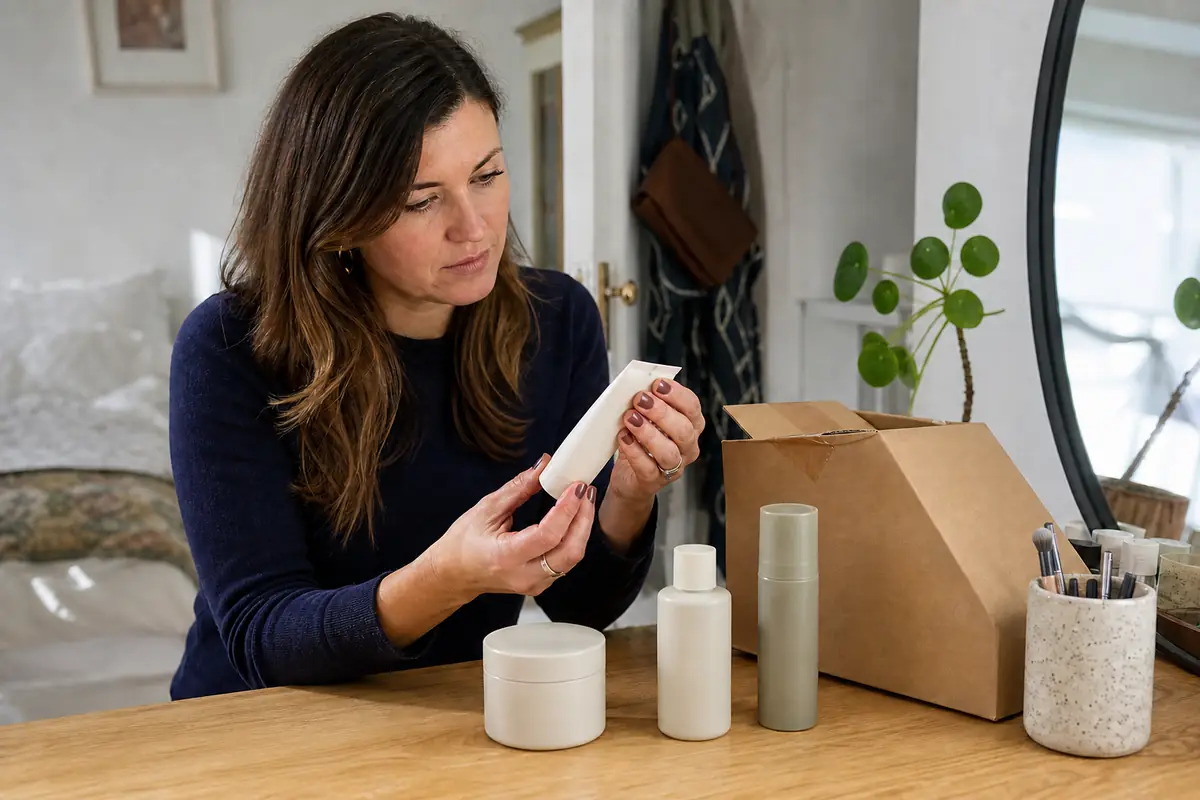 A shopper checking unbranded beauty products from a plain delivery box