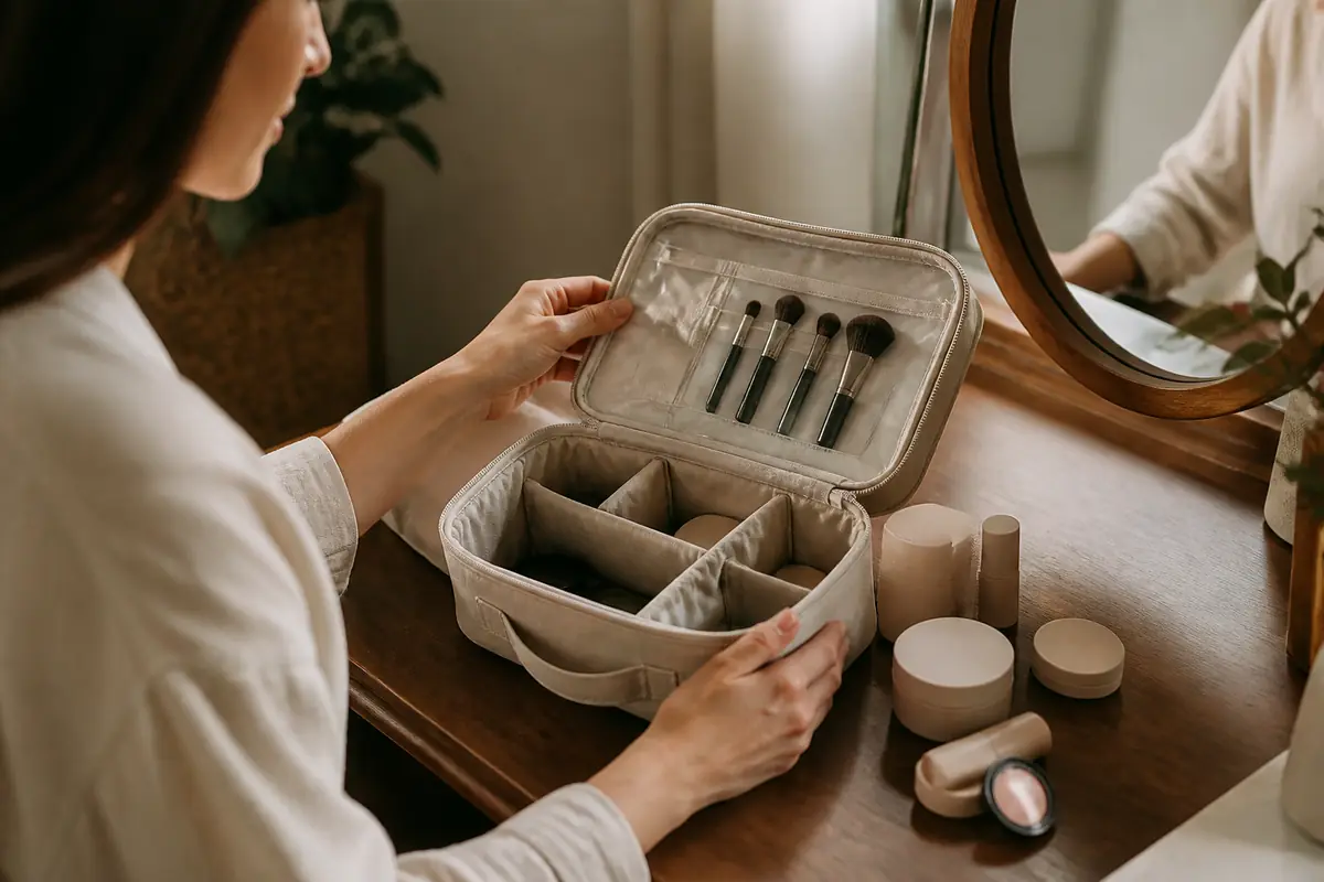 An adult inspecting a plain makeup bag with separate brush storage