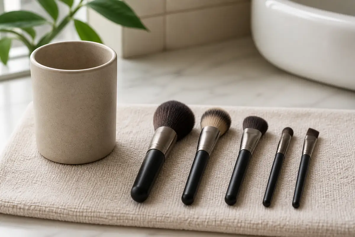 Five clean unbranded makeup brushes with different head shapes on a washable mat