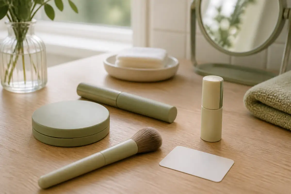 Plain unbranded cosmetics and a clean brush beside a blank date card