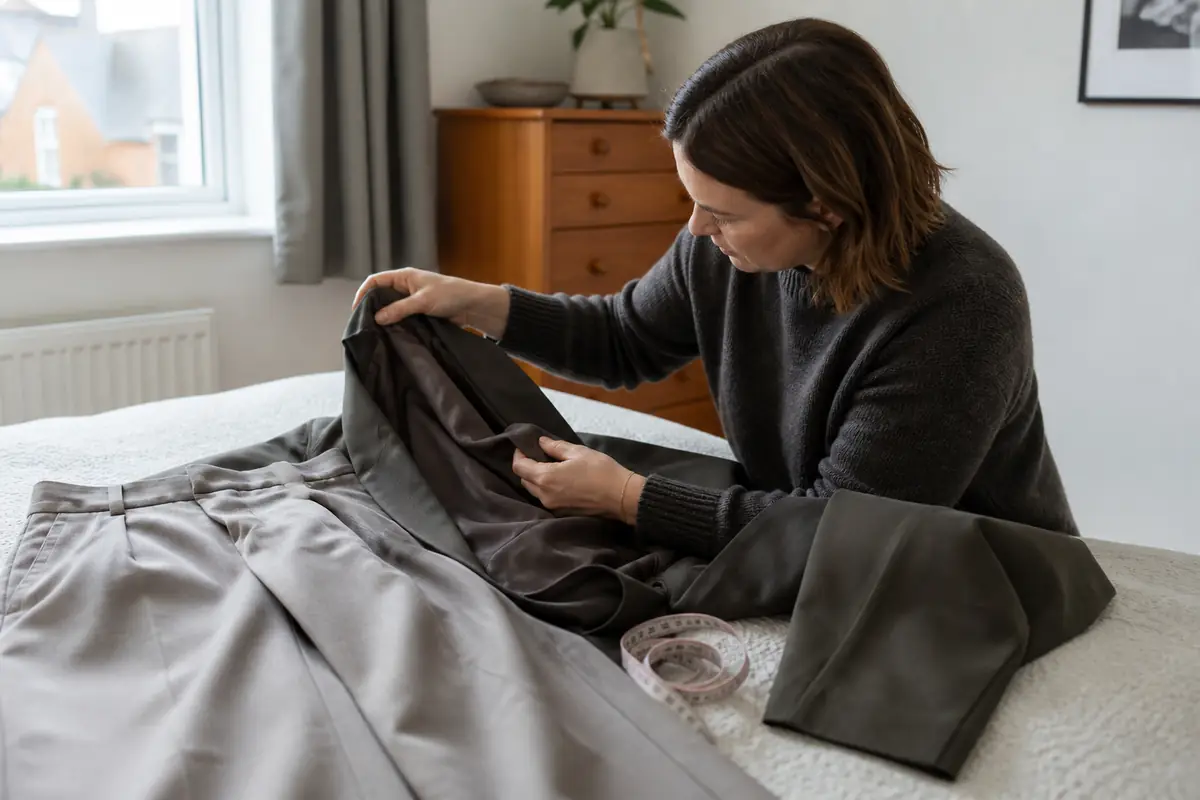 A shopper inspecting the lining and seams of unbranded tailored clothing