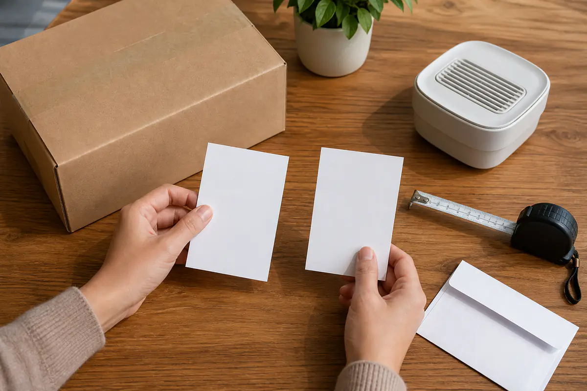 Adult hands compare blank marketplace evidence cards beside a plain parcel and generic item