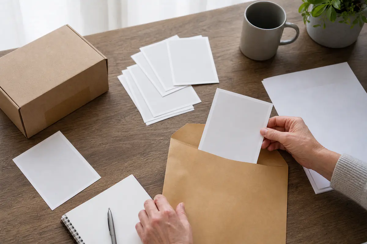 Adult hands organise a plain parcel and blank evidence cards for a marketplace dispute