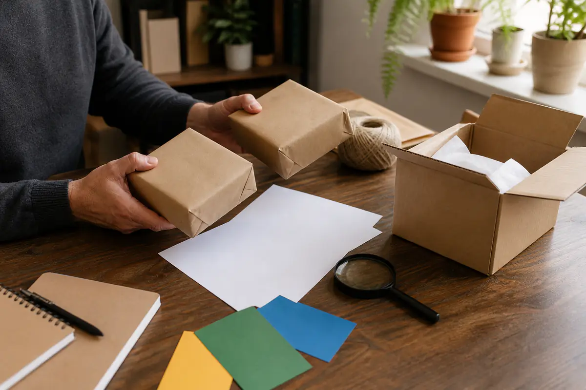 Adult hands comparing plain parcels beside blank documents and colour-coded seller-role cards