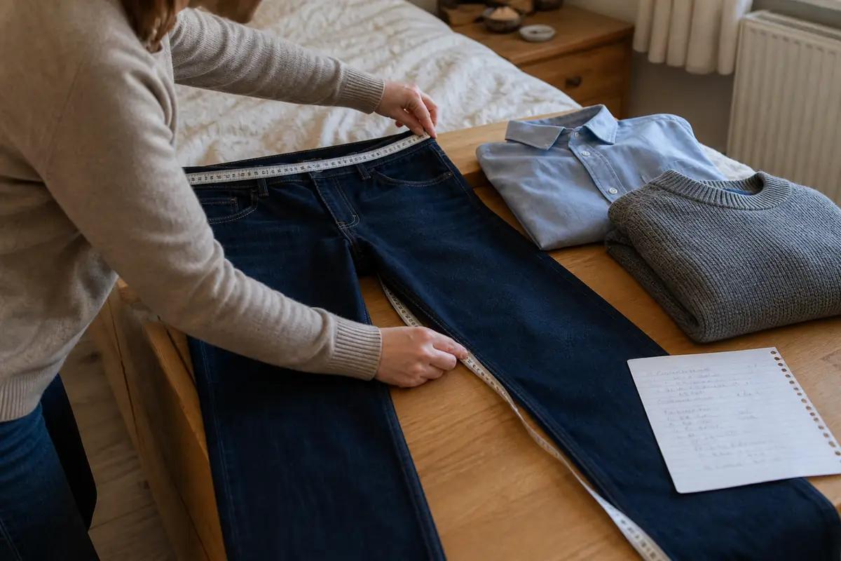 A shopper measuring unbranded jeans at home before choosing a size