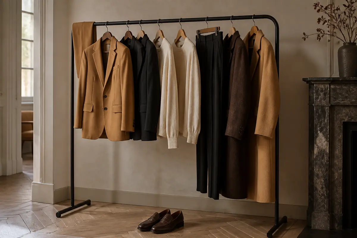A polished unbranded tailoring rail with camel, cream, black and brown garments
