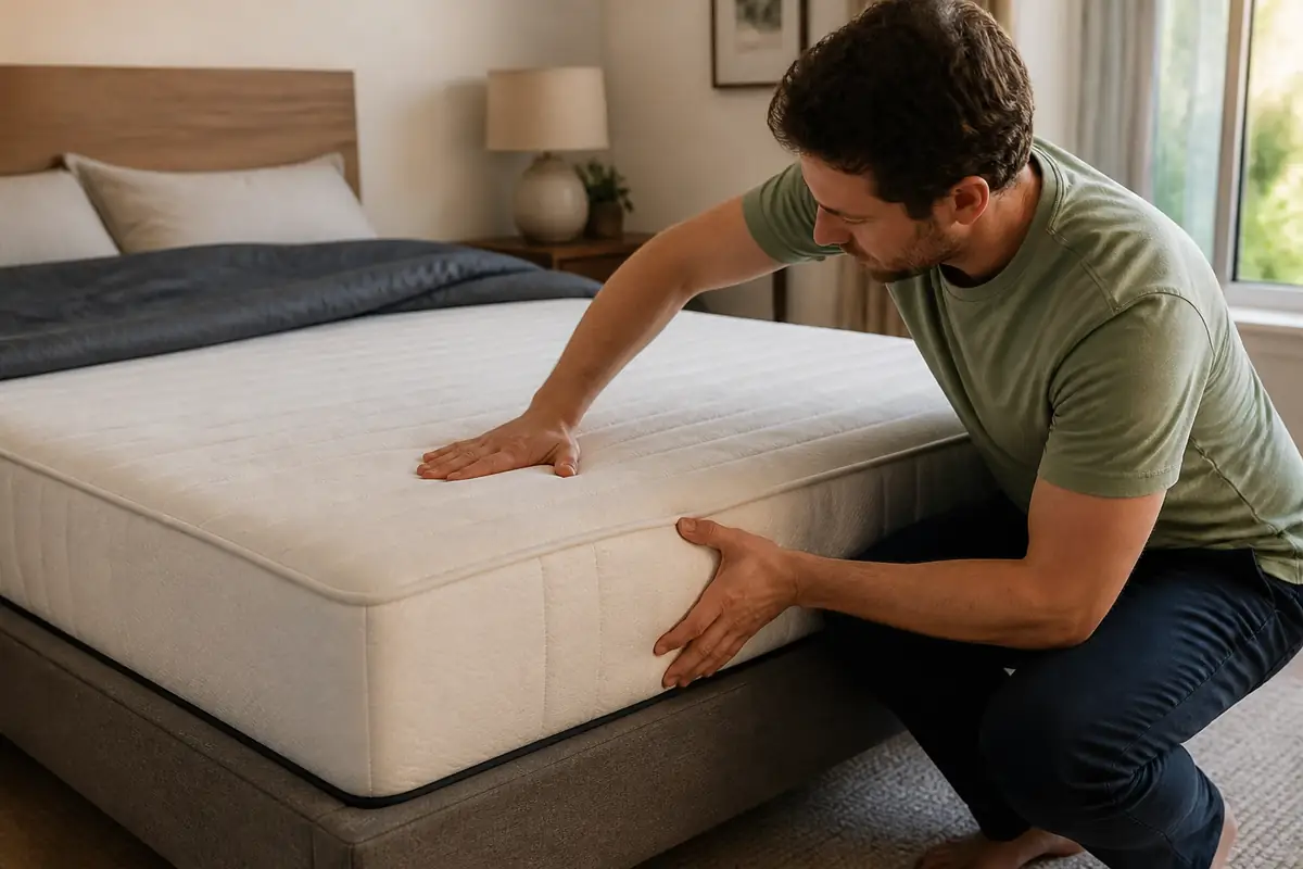 An adult checking the surface feel and edge support of a plain mattress
