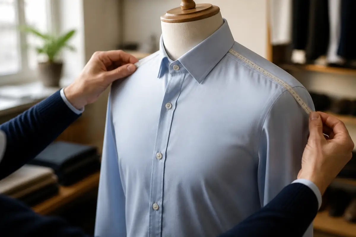 An adult checking the shoulder and collar fit of a plain blue shirt