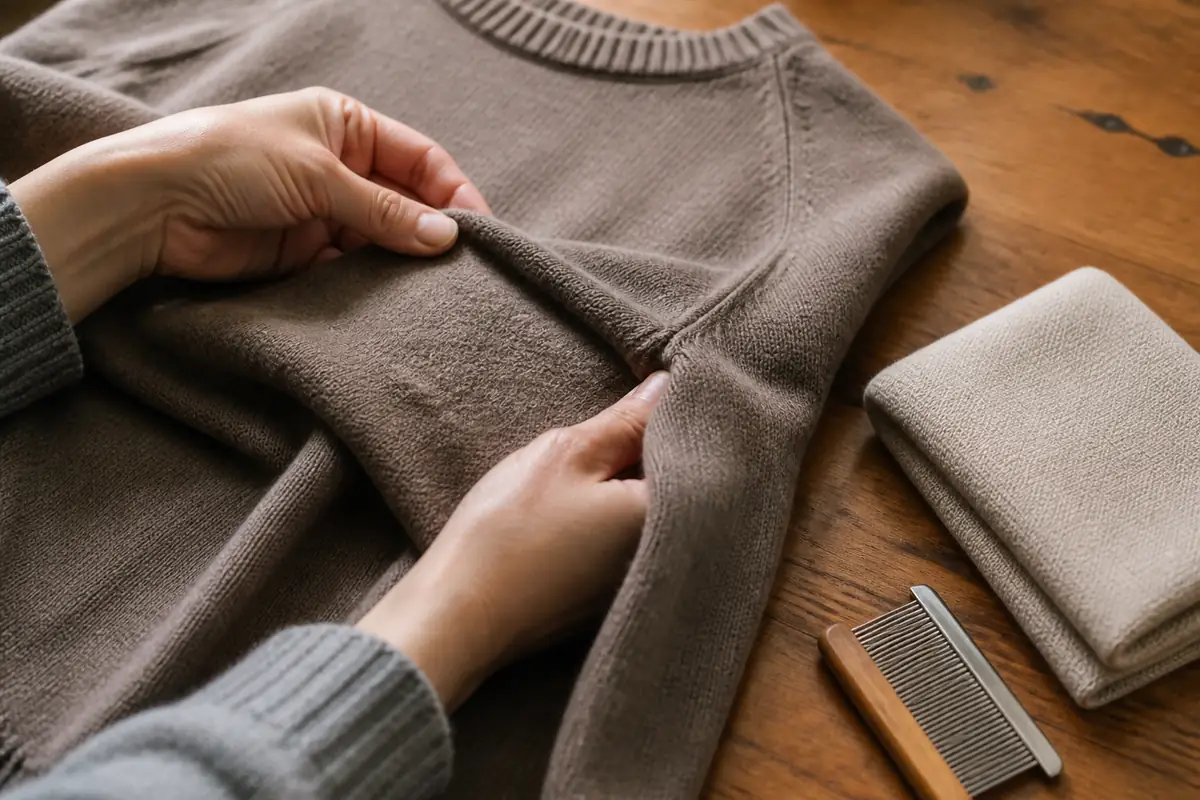 An adult inspecting the surface and seam of plain merino knitwear