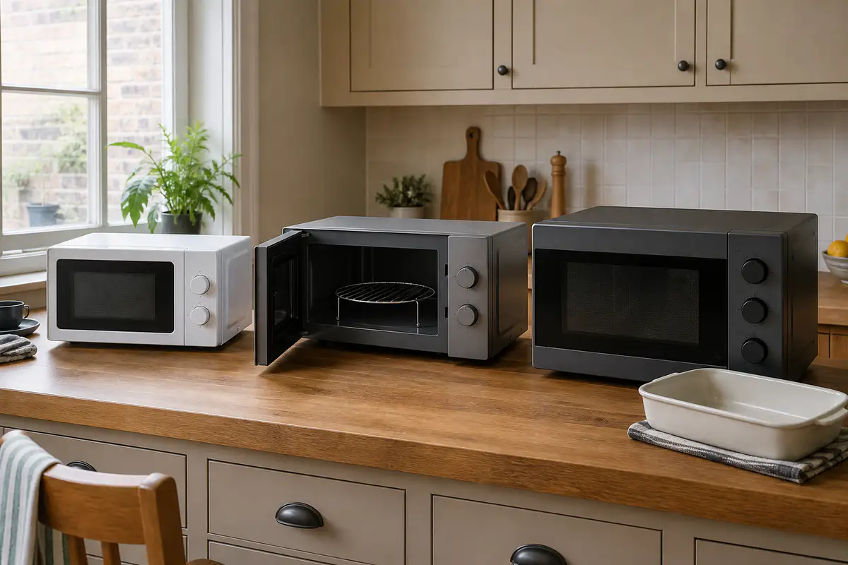 Three unbranded solo, grill and combination microwave ovens in a kitchen